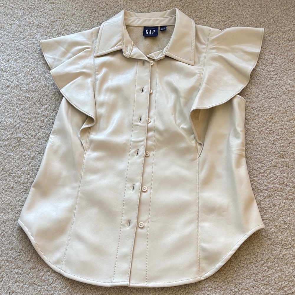 GAP Ivory Button-Up Pleather Ruffle Top